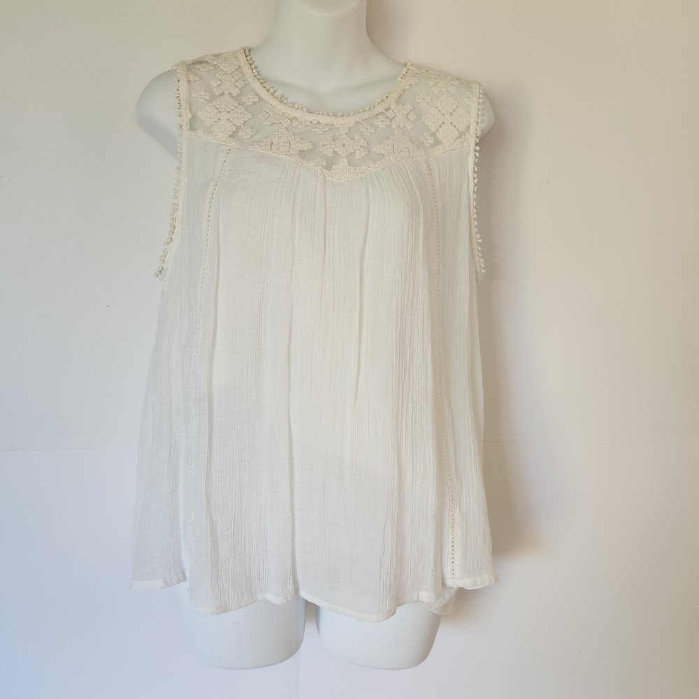 New Directions Petite Sleeveless Ivory Tank‎ Top PXL Lace Yoke Trim